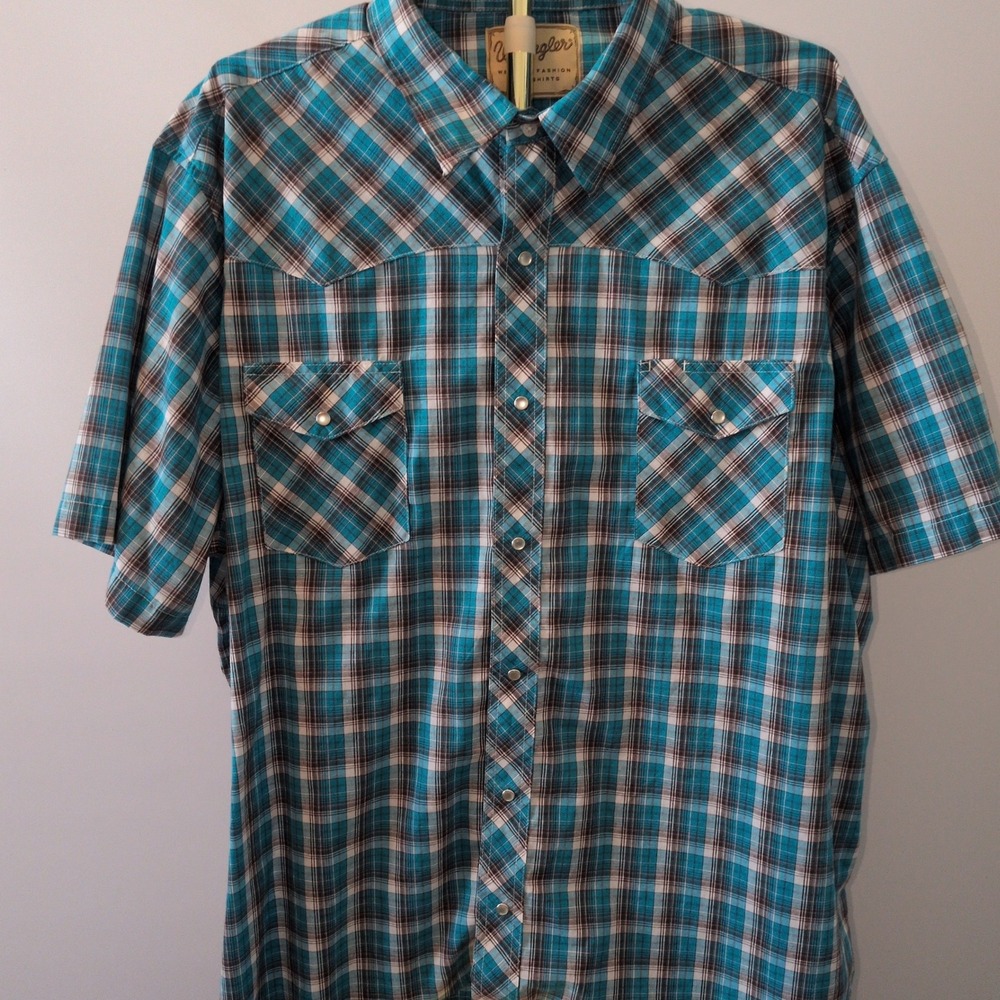 Wrangler Western Snap Shirt Men 4XL Turquoise Brown Plaid Short Sleeve Pearl